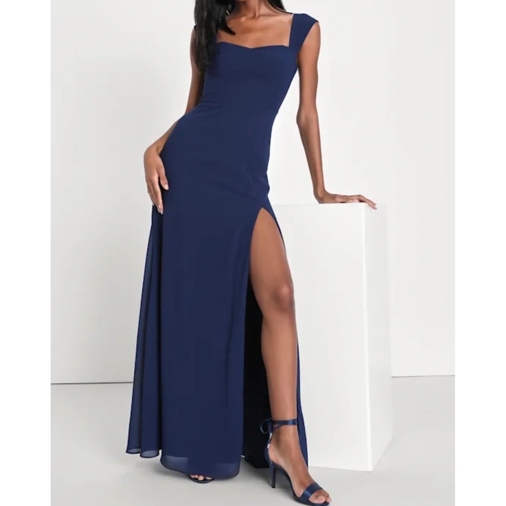 Lulus Magical Magnetism Navy Blue Off-the-Shoulder Maxi Dress XS NWT Formal Gown